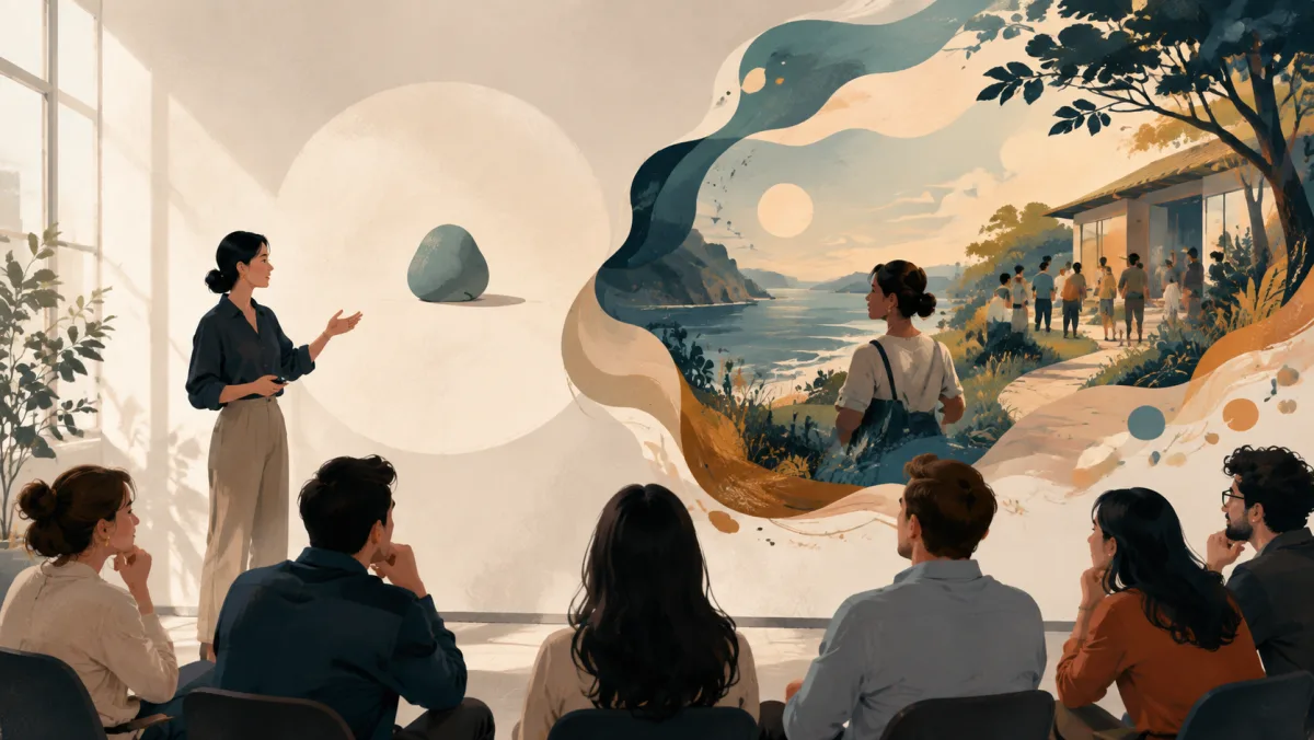 A presenter contrasts a small curious idea with an immersive customer story that holds the audience's attention