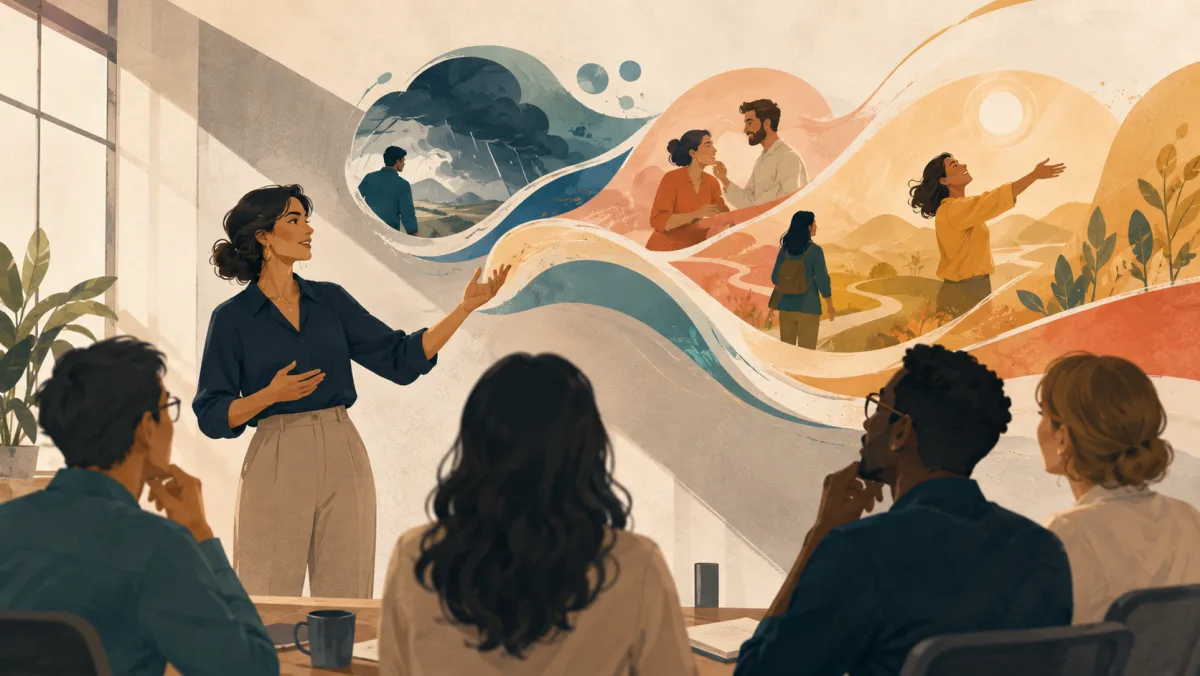 A professional storyteller holds an attentive audience with a flowing visual journey from challenge to resolution