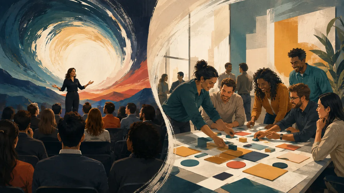 An absorbed keynote audience contrasts with colleagues actively participating in a collaborative workshop
