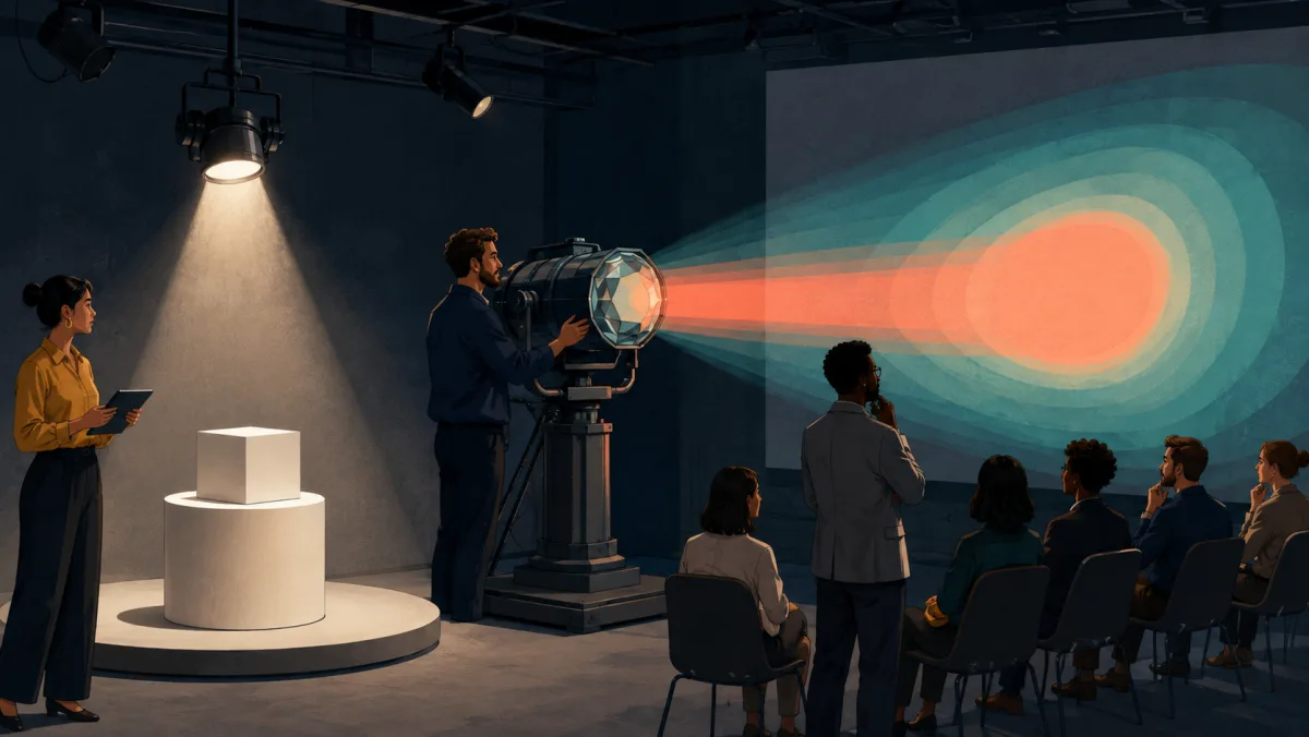 A neutral spotlight displays a model while a tuned lens projects a focused coral tone within calm teal bands.