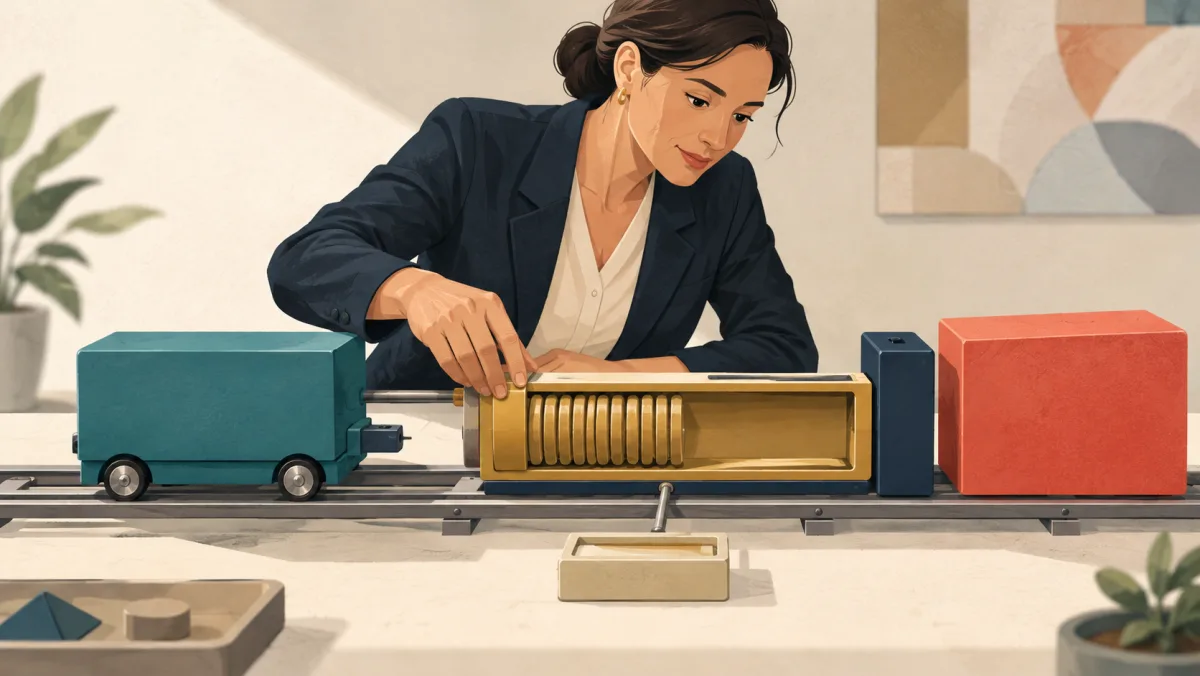 A professional adjusts a compression chamber with reserved travel between a project carriage, a setback block, and a firm final stop.