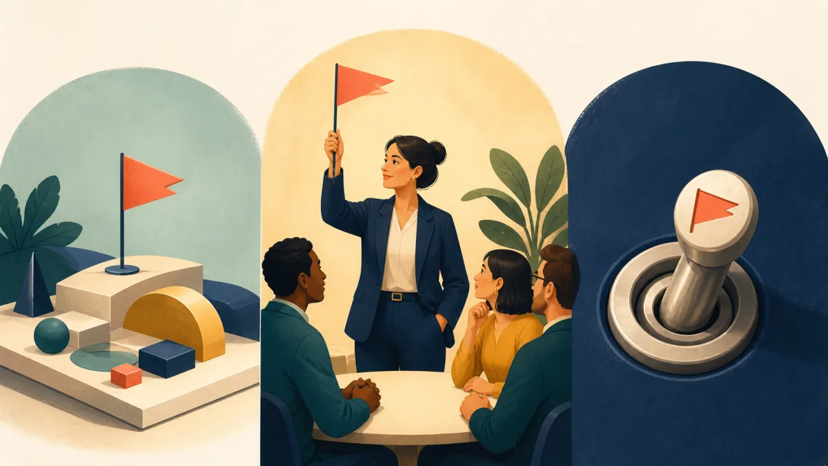 Three scenes show a warning flag on a project, a professional raising a flag in a meeting, and a flag-shaped toggle