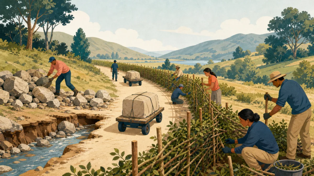 Workers build a living hedge around delivery carts passing rocks and a washed-out channel