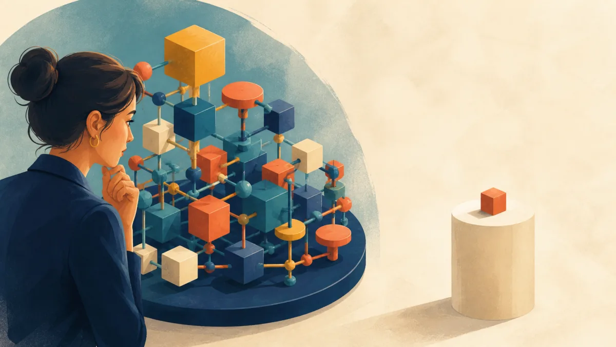 A professional examines an interconnected system beside one isolated block on a pedestal