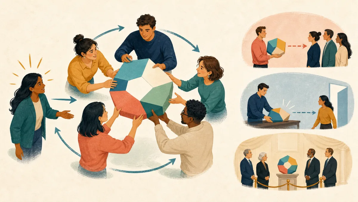 A newly included colleague joins an active circular exchange around a shared geometric project