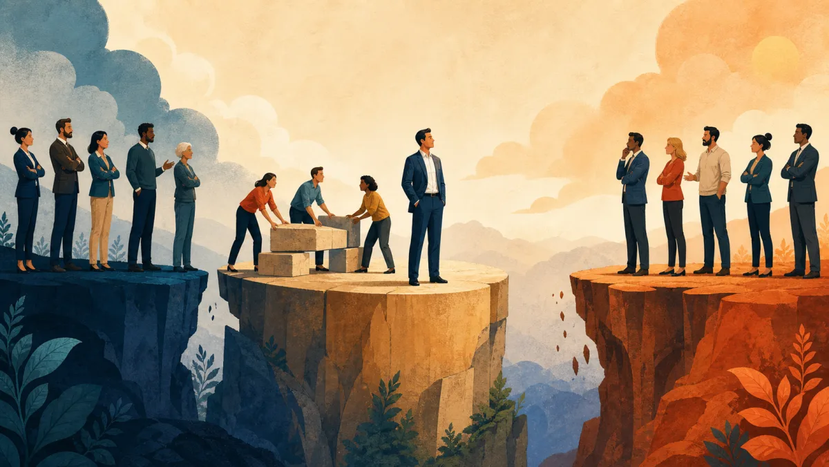 Opposing groups building a central platform while another gap remains without a possible bridge