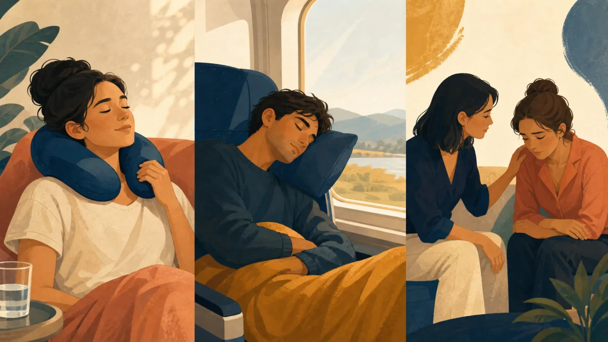 Physical comfort, travel rest, and human empathy appear in three distinct scenes