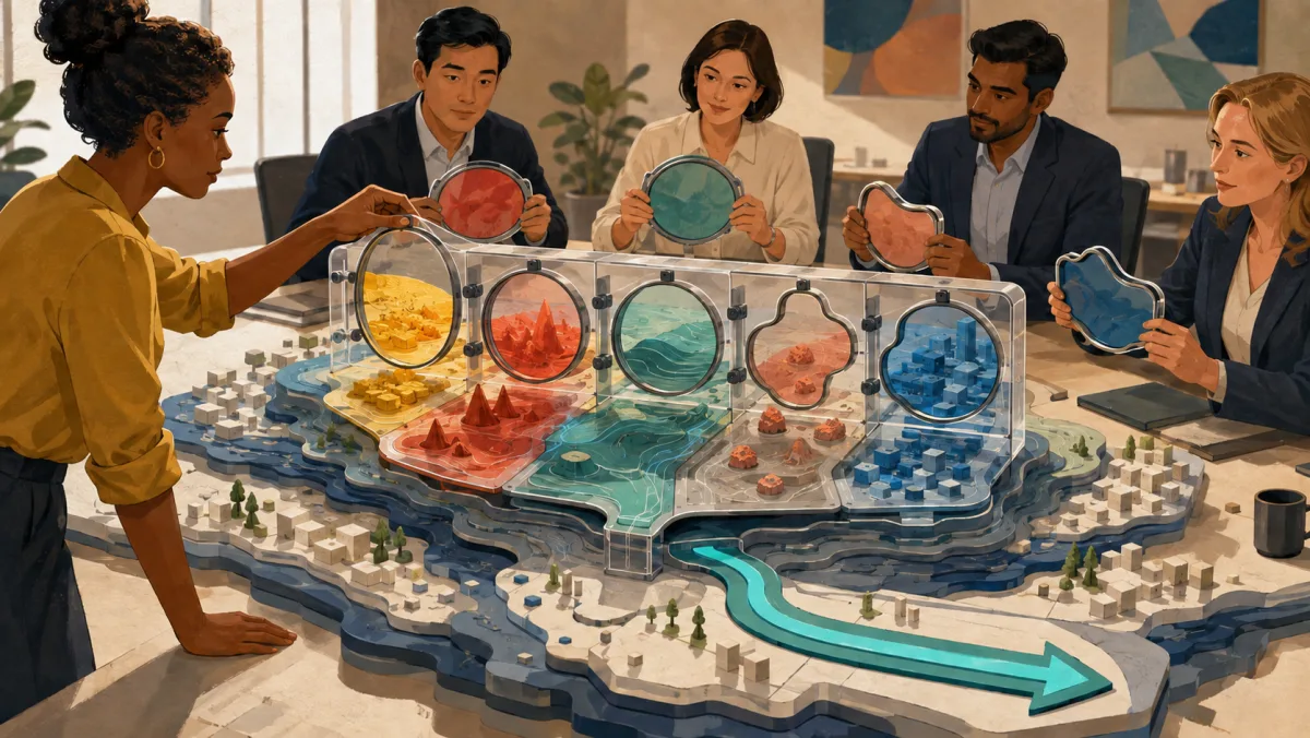 Analysts fit complementary lenses over one layered workplace model to reveal meaningful distinctions