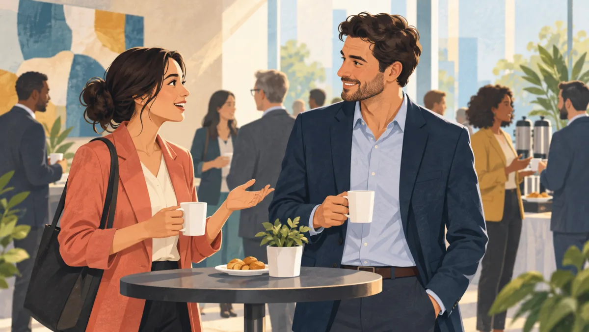 Two professionals begin a friendly conversation during a conference coffee break