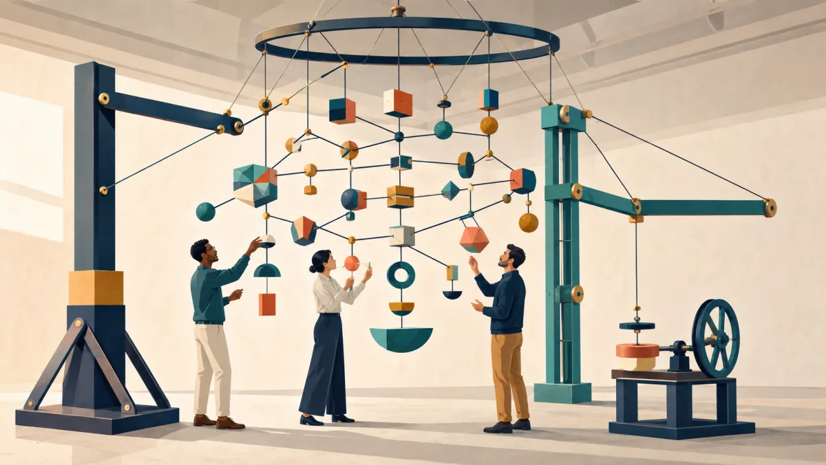 Three professionals balance a branching geometric mobile held in alignment by several stable support structures.