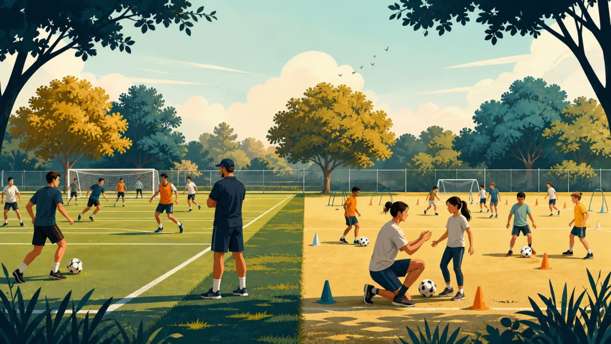 Two generic school sports groups train at advanced and developing levels on adjacent fields