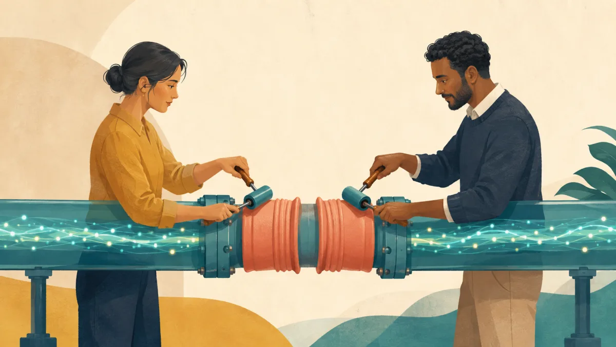 Two partners use hand rollers to smooth the remaining coral kinks in an otherwise working teal connection.