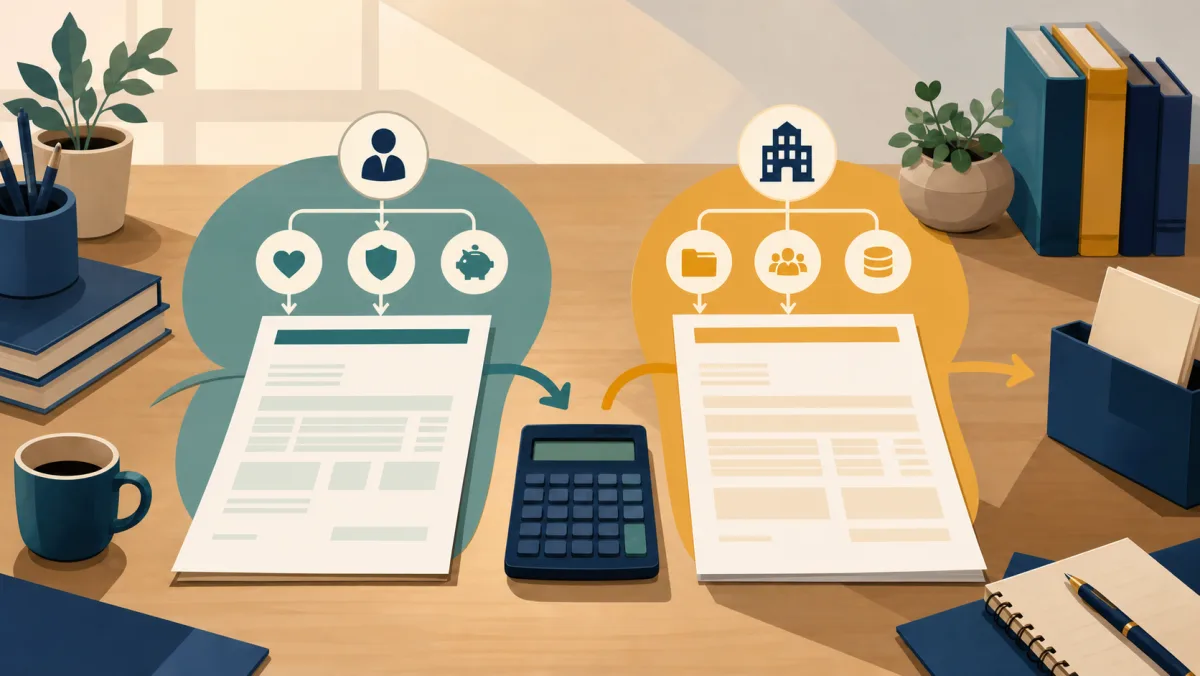 Two abstract tax documents show employee and employer information flows beside an unmarked calculator