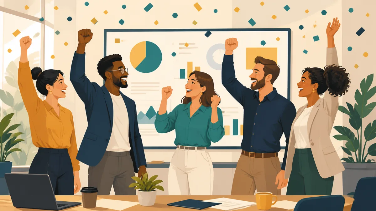 A workplace team celebrates completing a major project in front of a results board