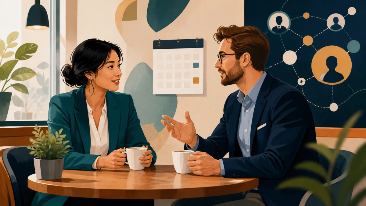 Two professionals have an informal networking conversation over coffee