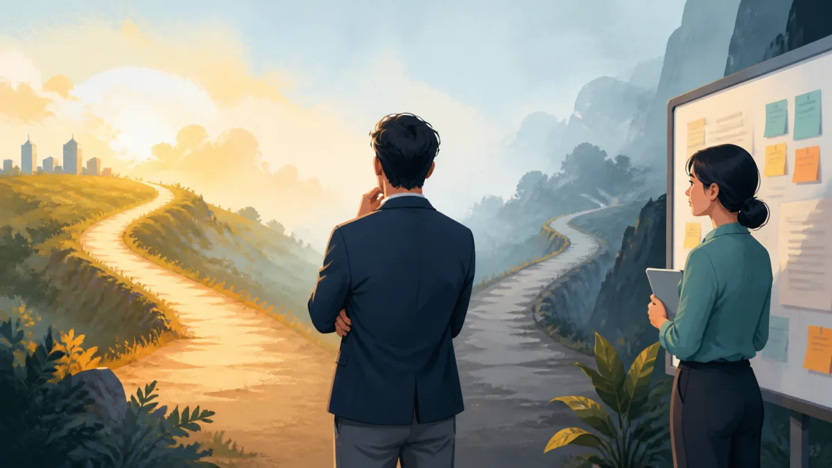 A professional considers a bright future path and a more uncertain path