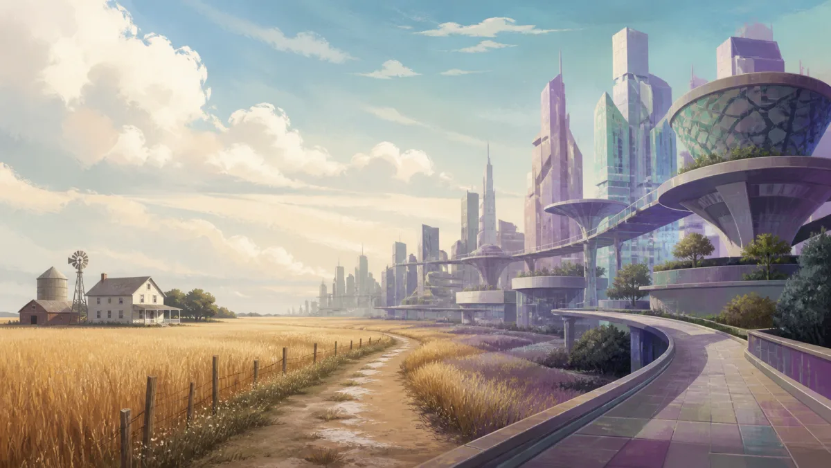 A wheat field and farmhouse transitioning into an unfamiliar modern city