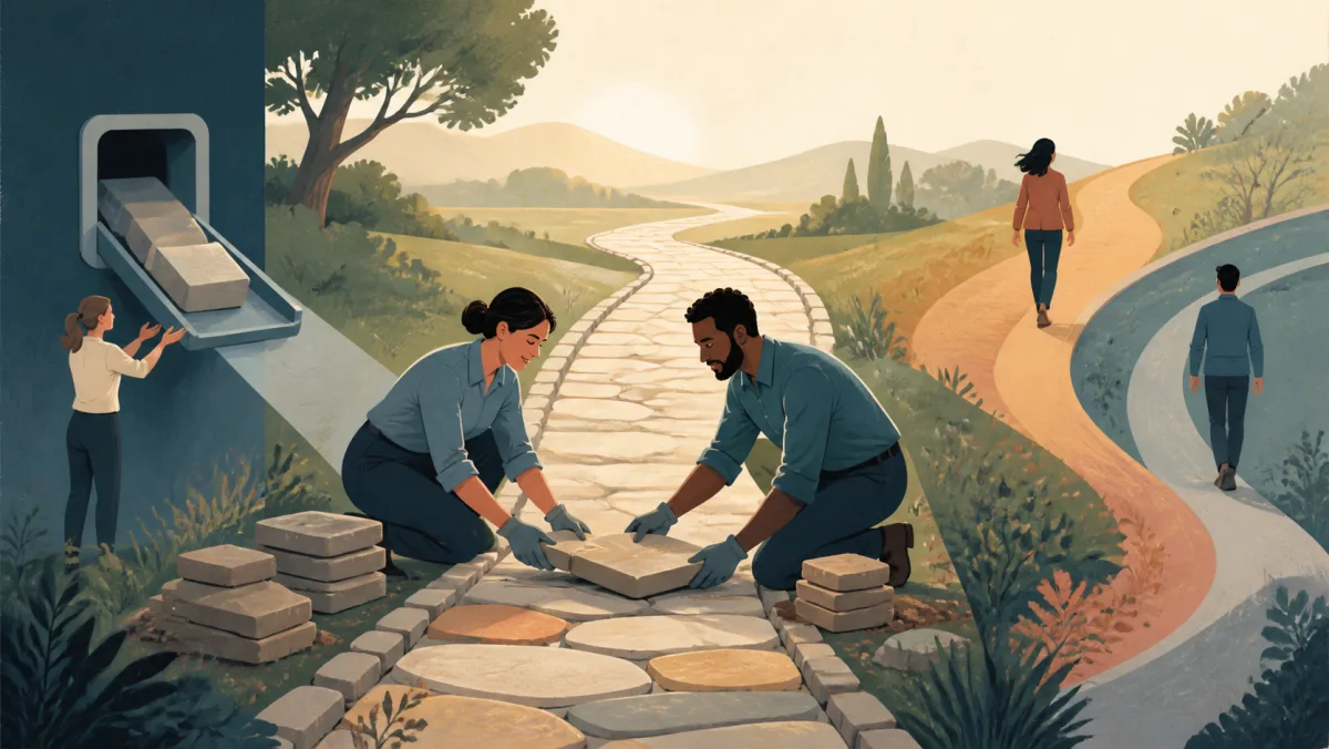 Two distinct colored paths run parallel toward the same destination without merging.