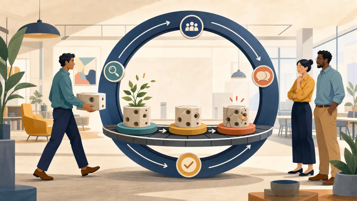 Professional carrying a project component into a circular review loop containing three different outcomes