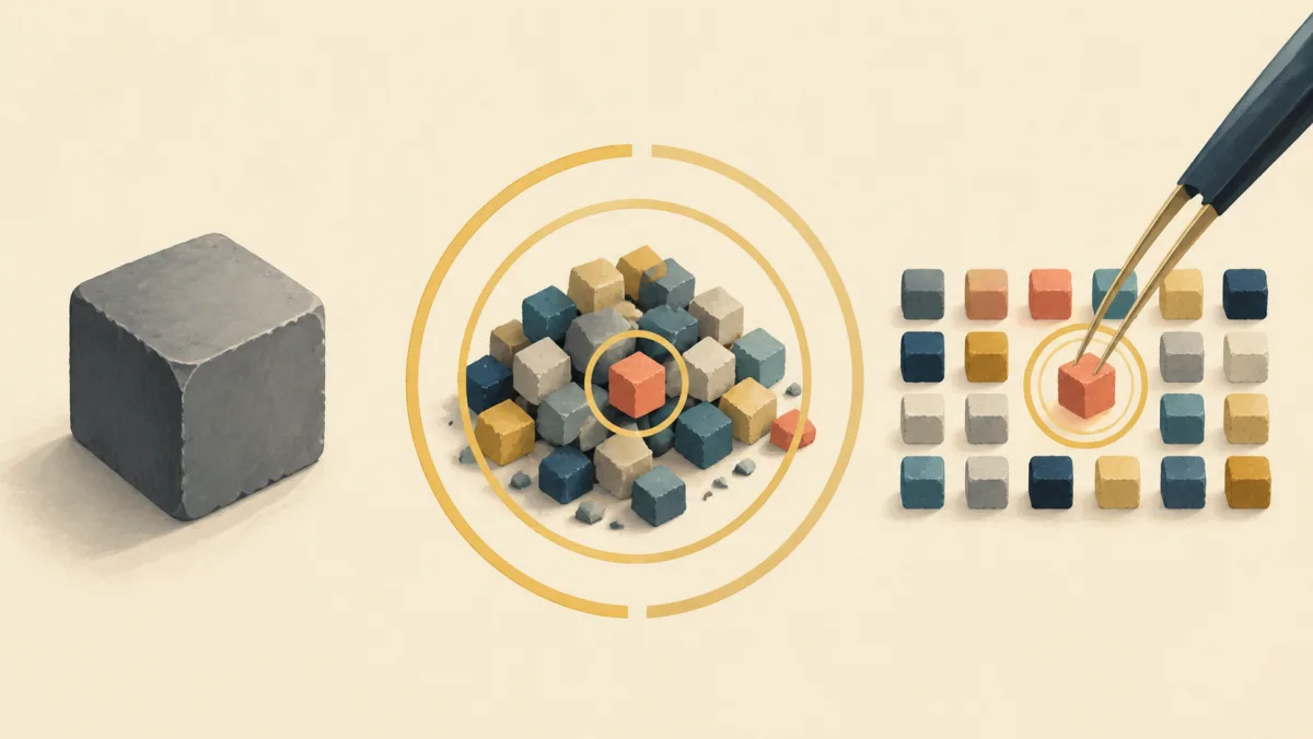 A single block is broken into many small colored units while one unit is selected precisely