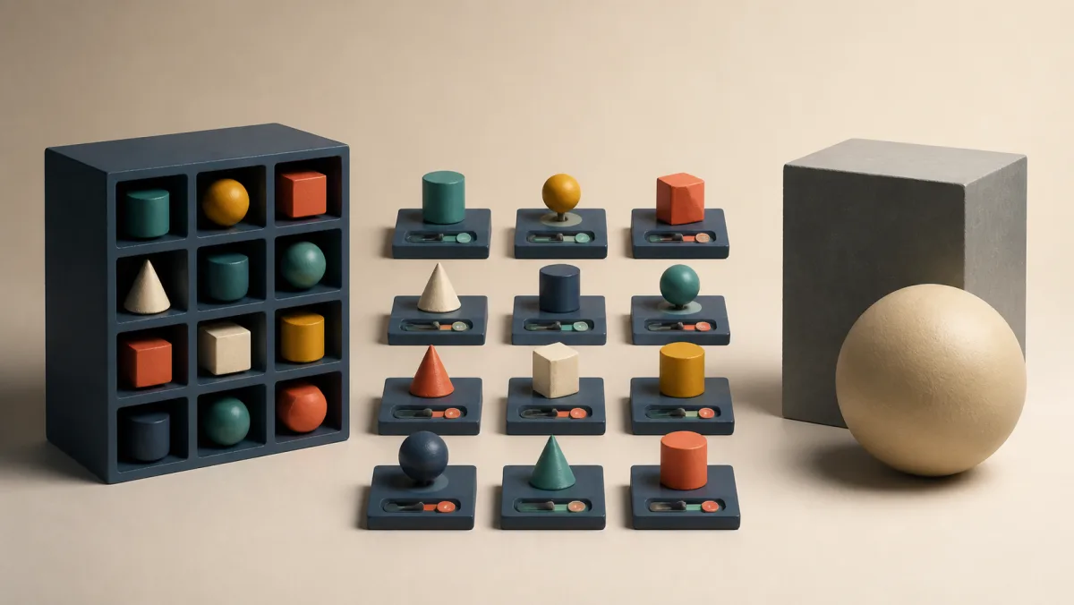Individual geometric objects each sit on a separate control beside grouped objects