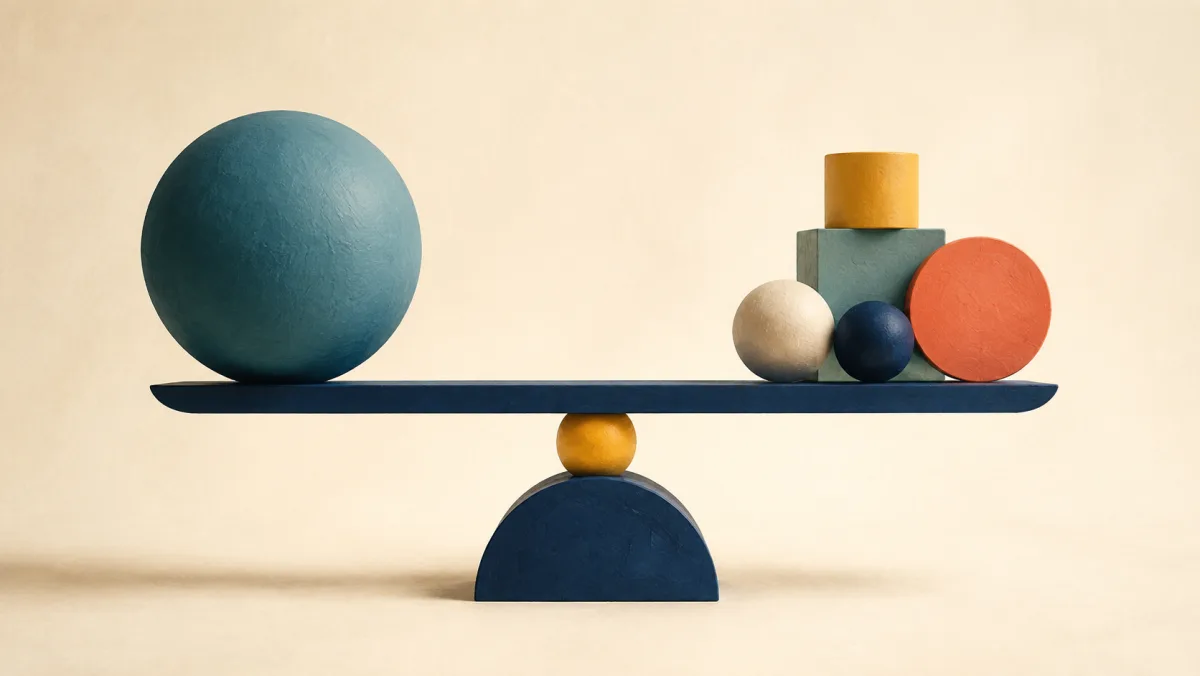 Different geometric shapes balance evenly on opposite sides of a level beam