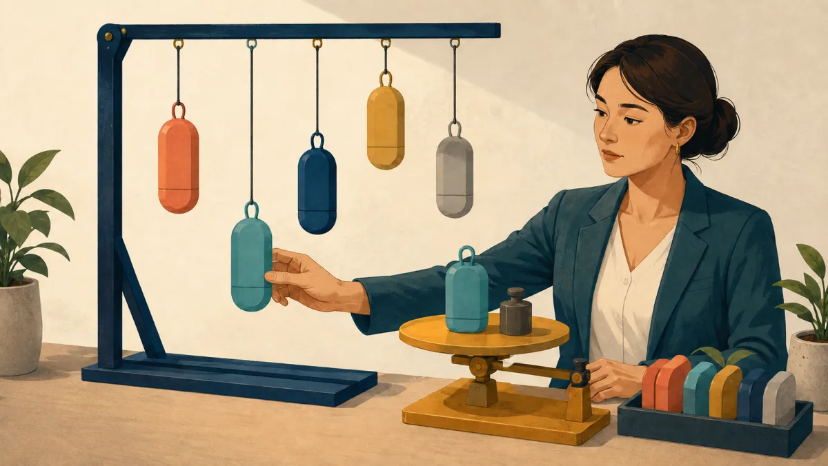 A professional reaches an accessible task capsule, then weighs a similar capsule separately to assess its value.