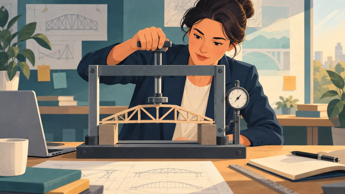 A professional applies controlled pressure to a model bridge while monitoring whether its structure holds