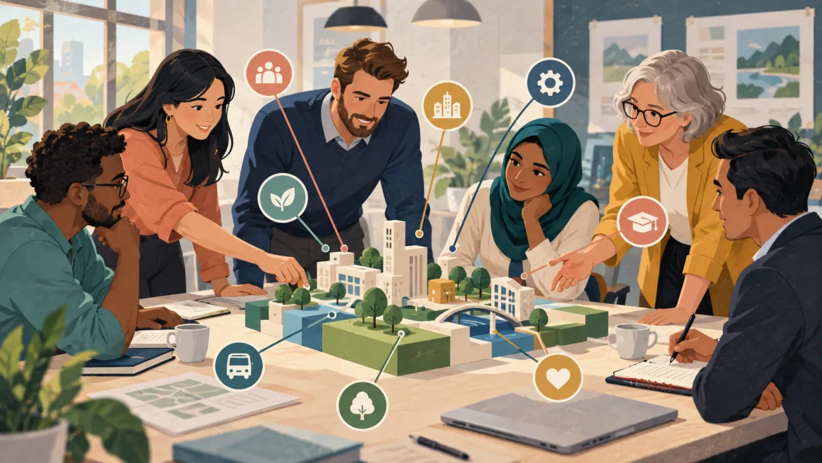 Several people connected to different parts of one shared project gather around its central model