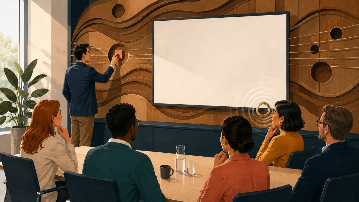 A presenter activates a wooden soundboard as a matching ring resonates beside one attentive audience member.