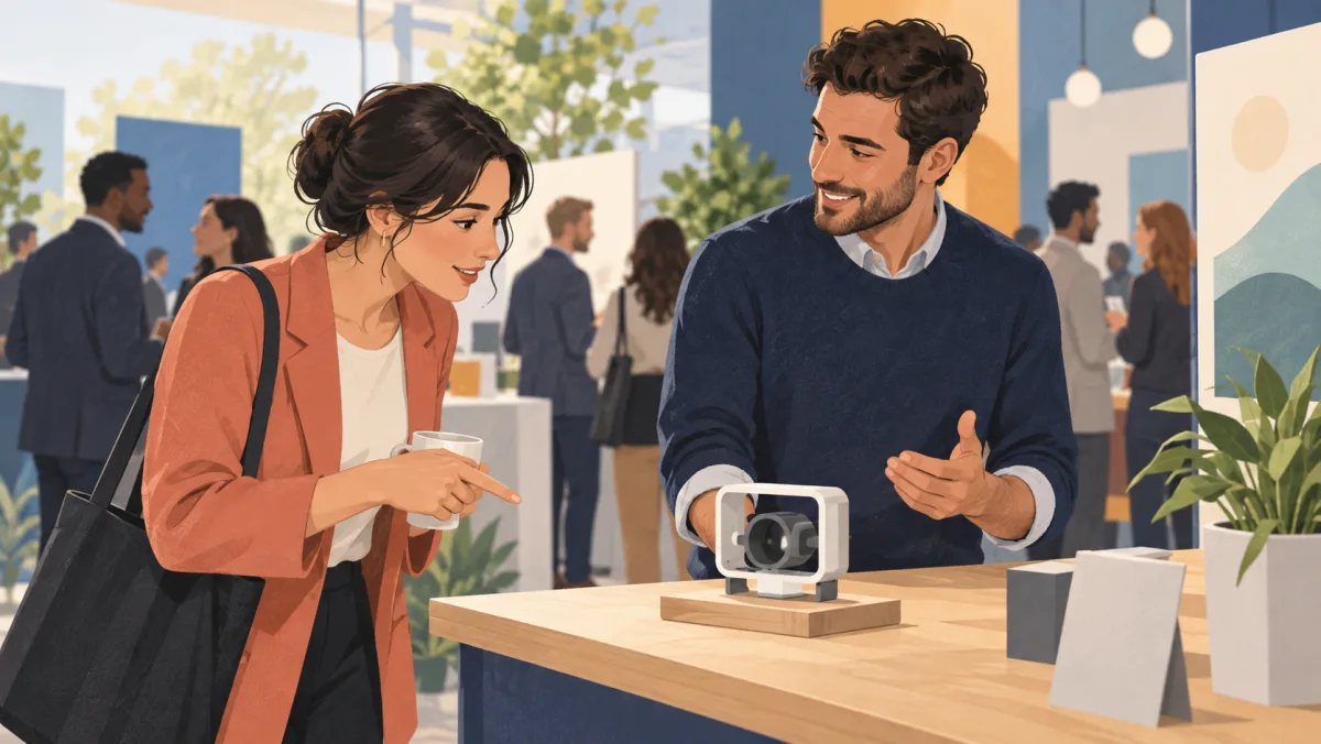 Two professionals start talking about a small prototype at an industry event