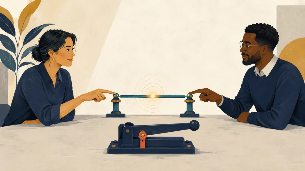Two colleagues create a brief pulse across a slim contact bridge while a separate decision lever remains untouched.
