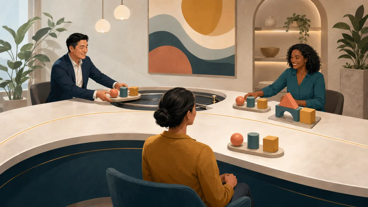 Sales and customer-success professionals transfer the same three-piece context model behind a continuous table facing a client.