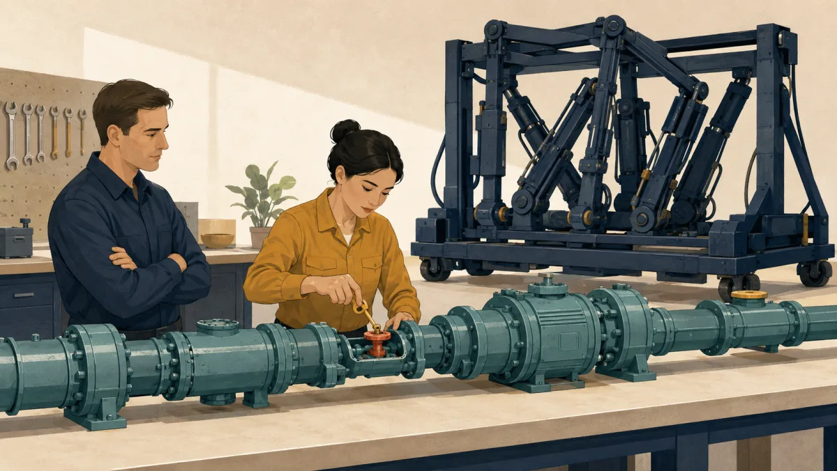 A professional makes one precise valve adjustment on an intact system while a large multi-arm maintenance gantry stays parked.