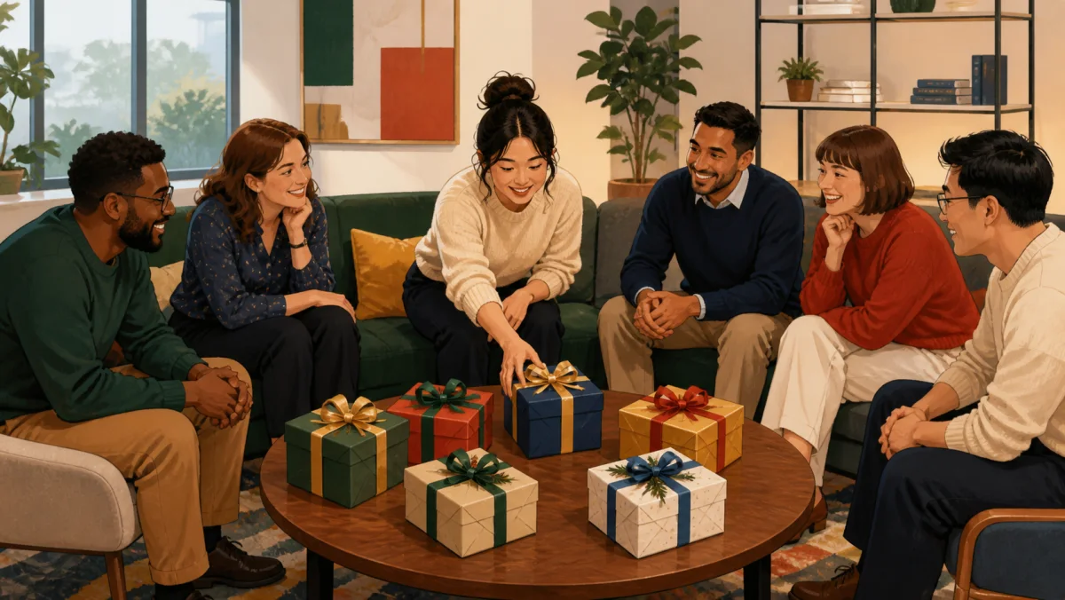 Six coworkers gathered around a shared pool of six wrapped gifts in an office lounge