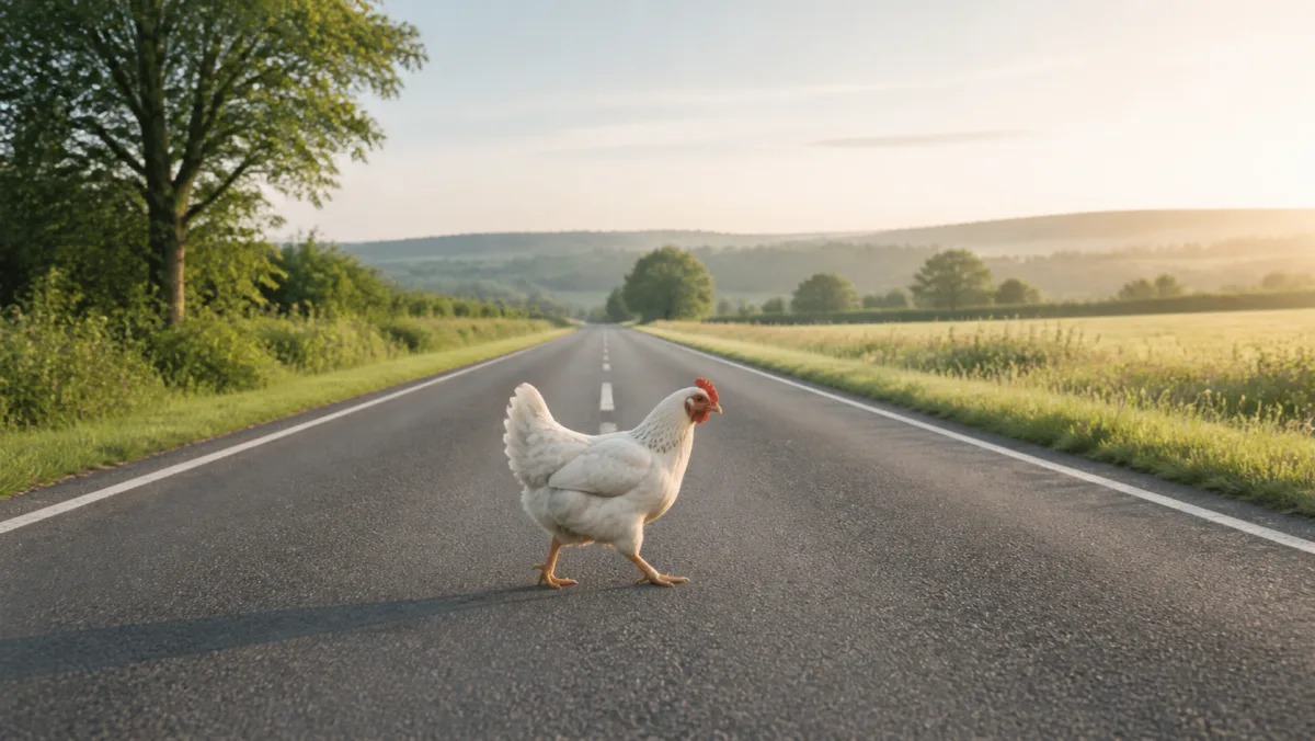 An ordinary white chicken calmly crossing a quiet rural road in morning light