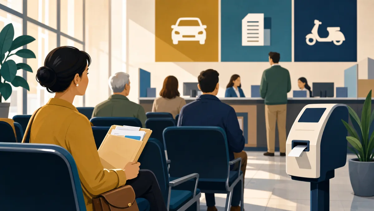Visitors wait with documents in a generic government vehicle-services office