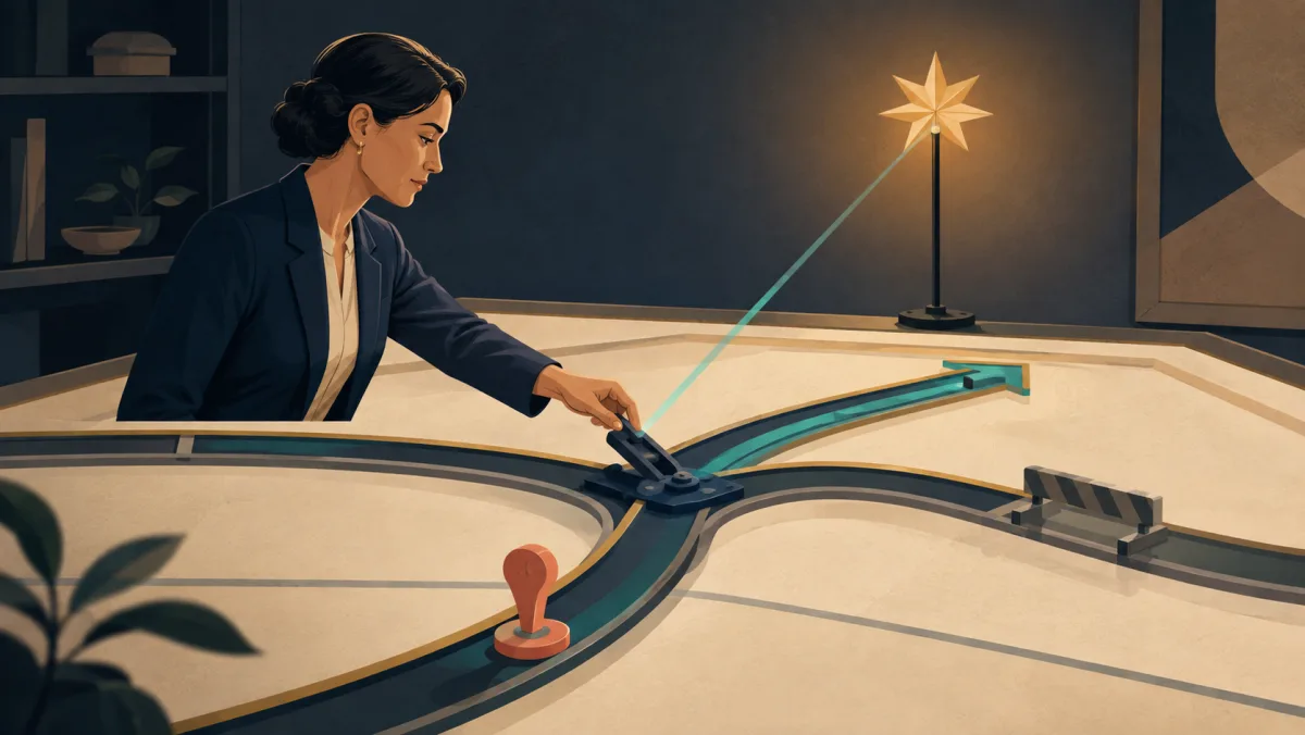 A steady star-shaped light guides a professional at a real track switch while a small temporary milestone marks the chosen path.