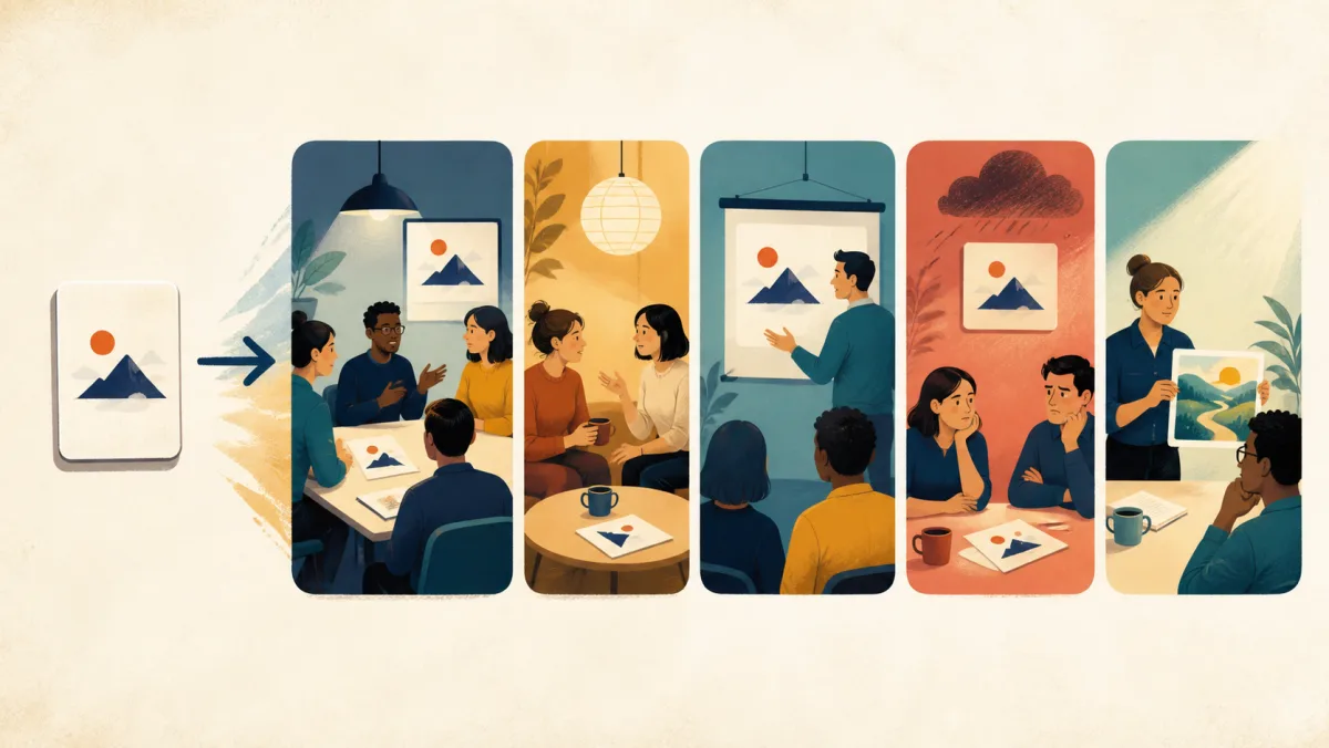One example card expands into five varied workplace situations with different speakers and purposes