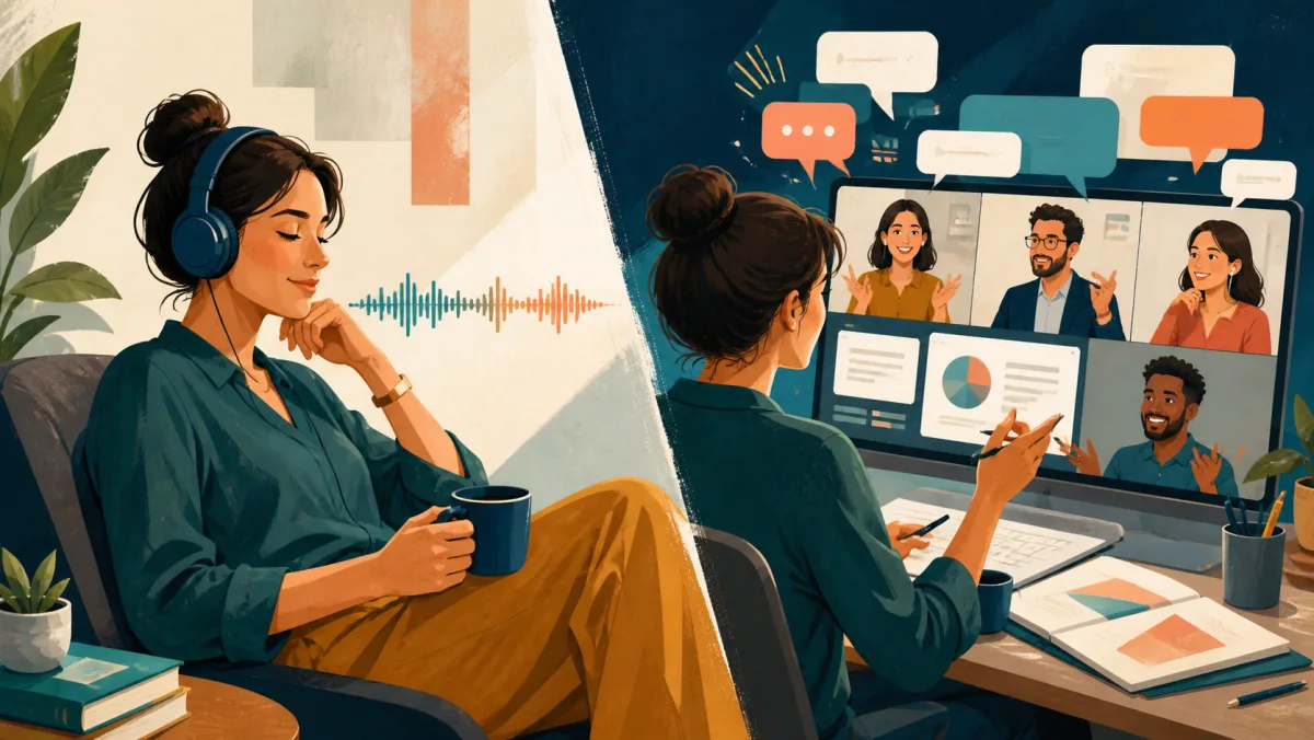Professional comparing calm podcast listening with an overlapping live video meeting