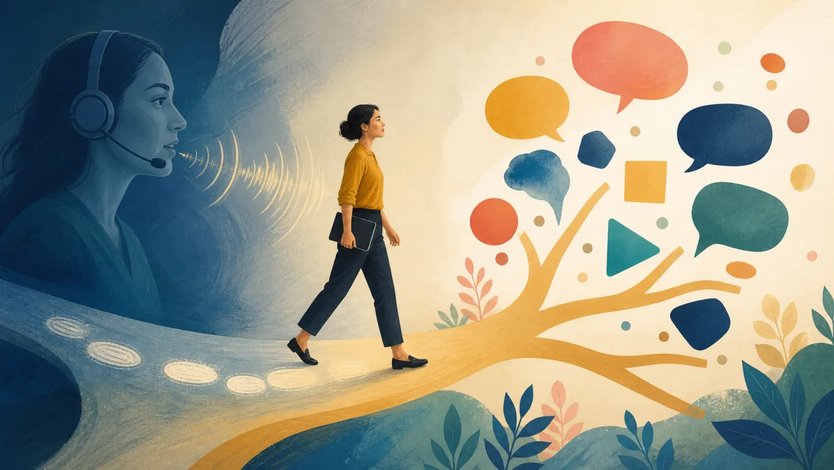 A professional follows a modeled speech path that branches into an unscripted workplace conversation