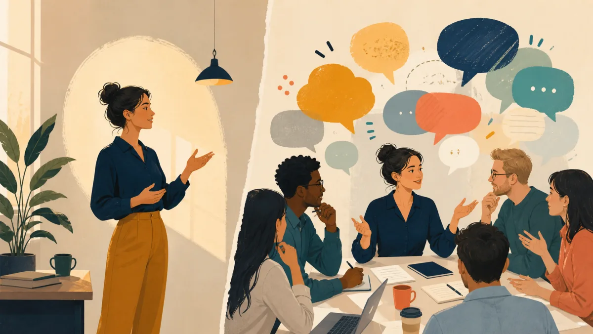 Professional speaking comfortably alone before stepping into a meeting with overlapping voices, time pressure, and social cues