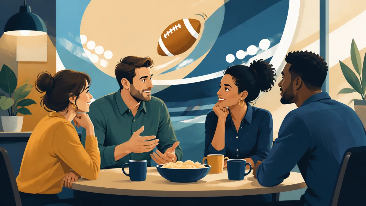 Coworkers casually discuss a generic football championship in a break room