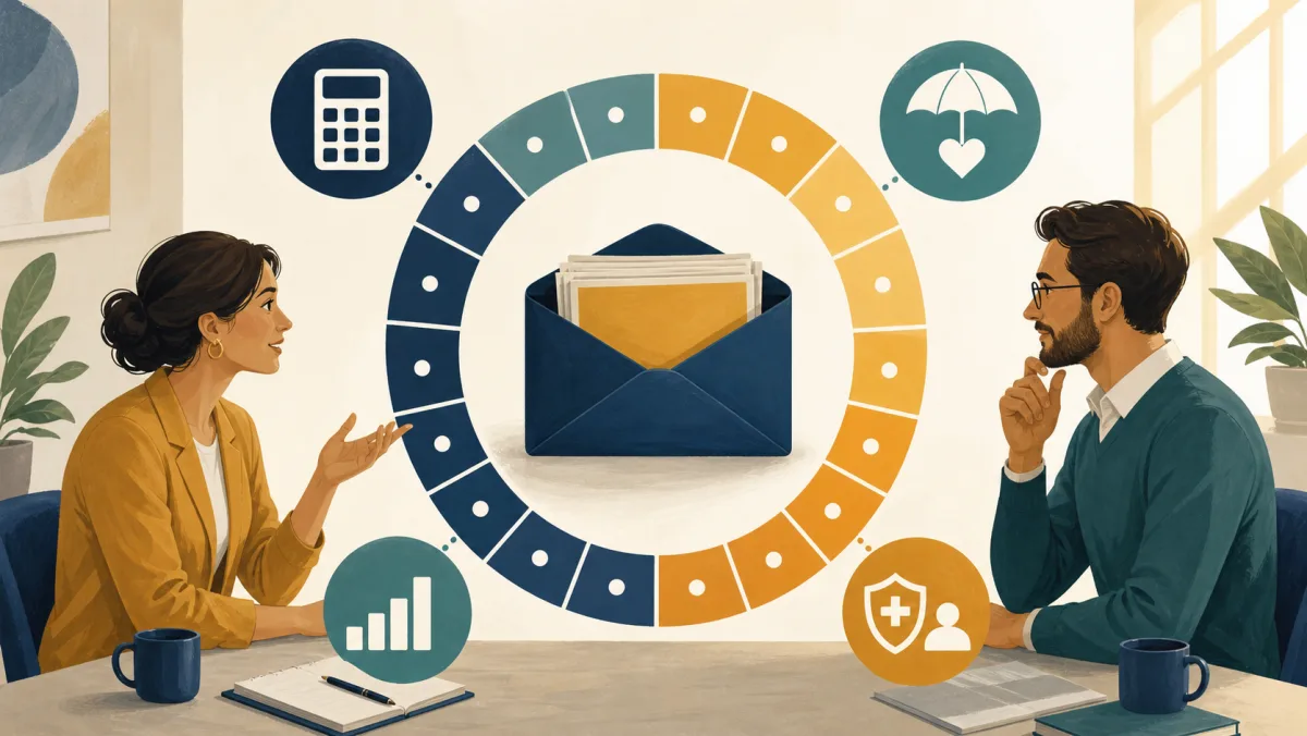 A compensation packet sits inside a full-year calendar ring with benefits and pay symbols