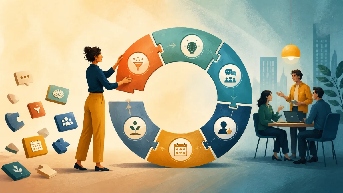 Founder connecting scattered vocabulary tips into a complete loop of selection, retrieval, feedback, spacing, variation, and real workplace use