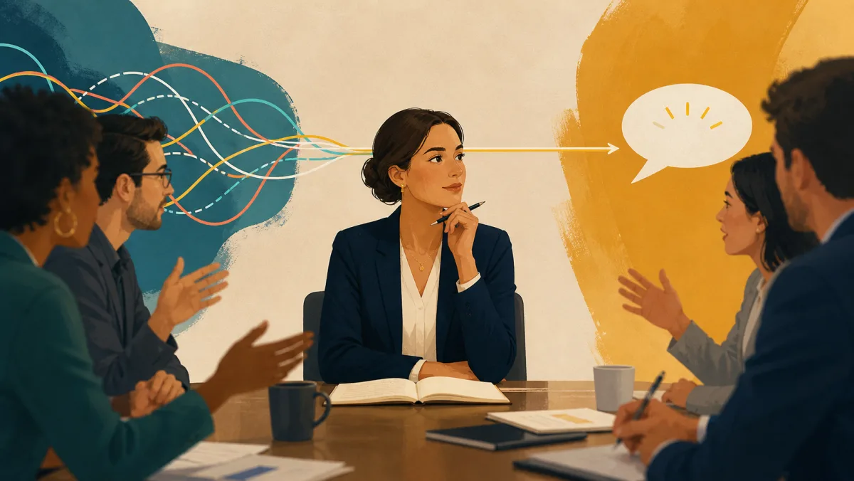 Professional paused in a fast-moving meeting while several thoughts compete for attention and one clear response path begins to form