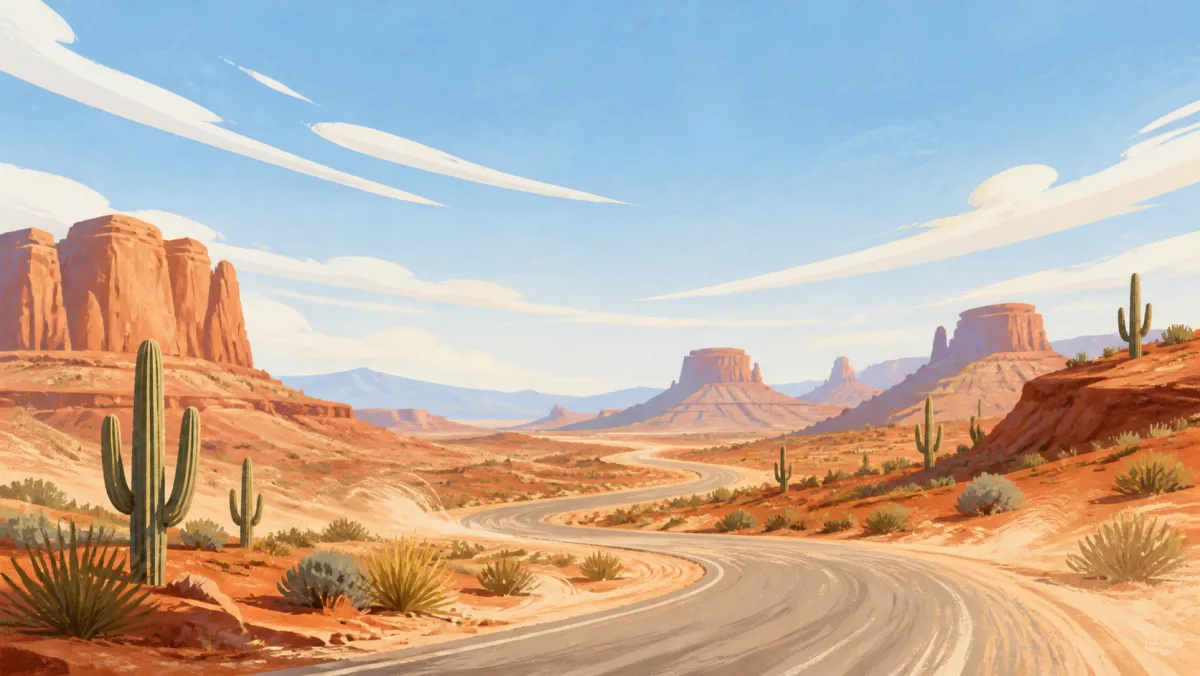 An empty winding road through a generic Southwestern desert with red-rock mesas and cacti