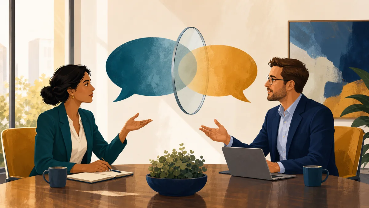 Two professionals disagree calmly as their speech passes through a respectful tone filter