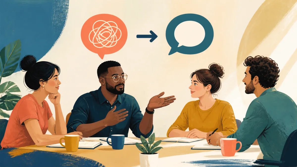 Colleagues calmly replacing a tangled speech symbol with a clear one while a meeting continues