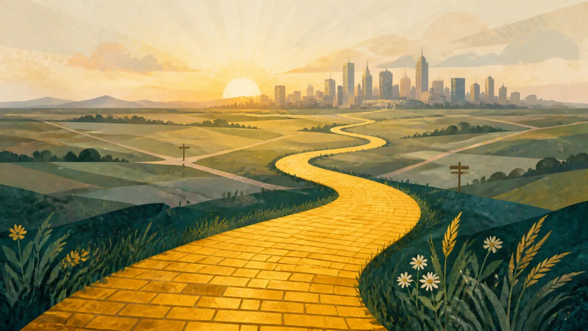 A winding road of golden-yellow bricks crossing an open landscape toward a distant modern city